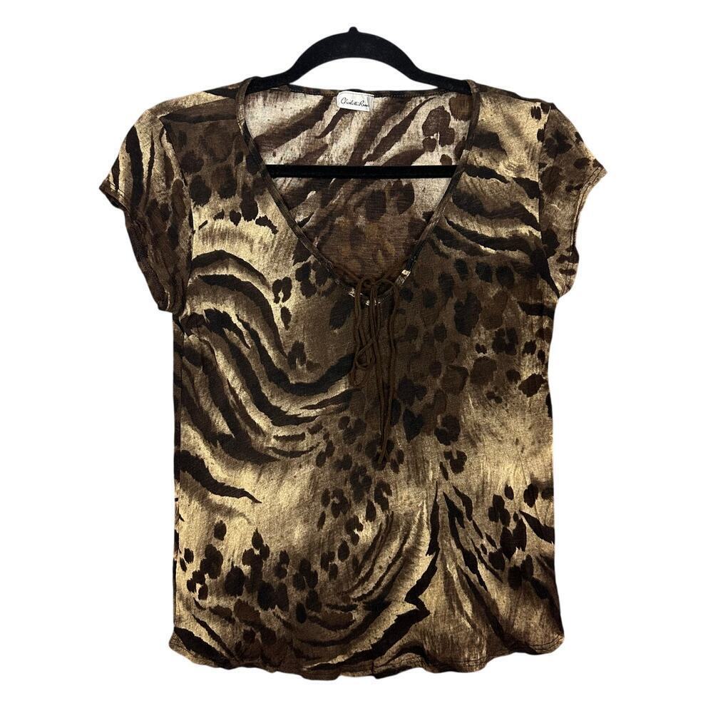 Vintage Y2K Charlotte Russe Animal Print Blouse‎ Short Sleeve Brown Medium M